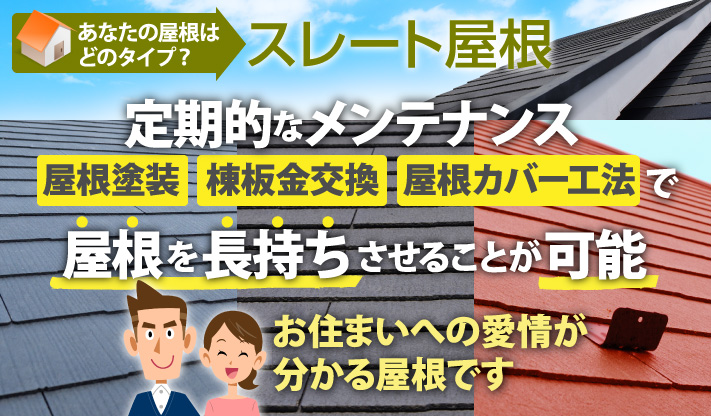 スレート屋根、定期的なメンテナンスで屋根を長持ちさせることが可能、お住まいへの愛情がわかる屋根です