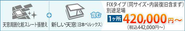 化粧スレート張り替え＋新しい天窓　日本べルックス社製への天窓交換の料金の目安です。１箇所税込440,000円〜