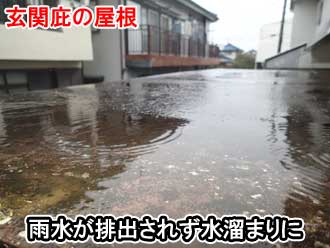 玄関庇の屋根にできた水溜まりの様子