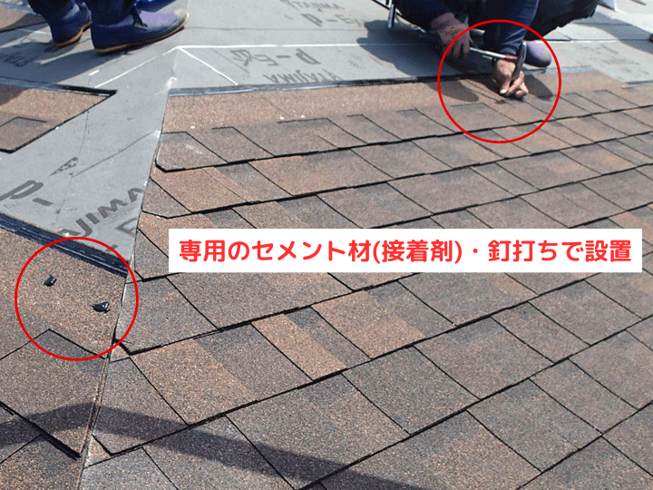 専用のセメント材(接着剤)・釘打ちで設置