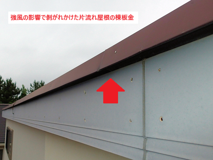 片流れ屋根棟板金剝がれ