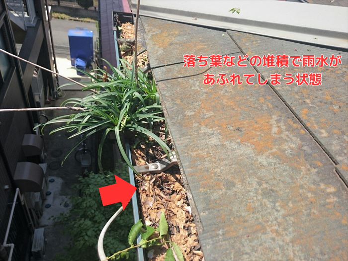 落ち葉などの堆積で雨水があふれてしまう状態