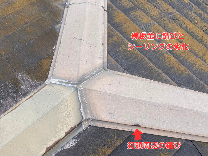 棟板金に錆びが発生、シーリングも劣化 (1)