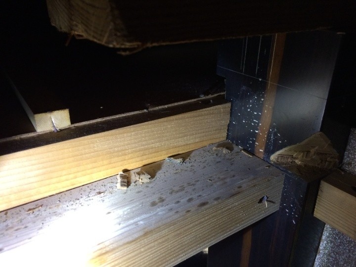 小屋裏で確認された水滴の跡