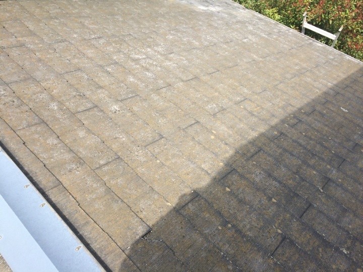 屋根に苔（こけ）が厚く残っている状態