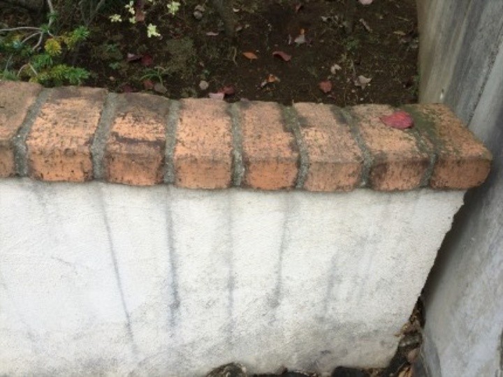 擁壁の上端のレンガには苔や汚れが多く付着