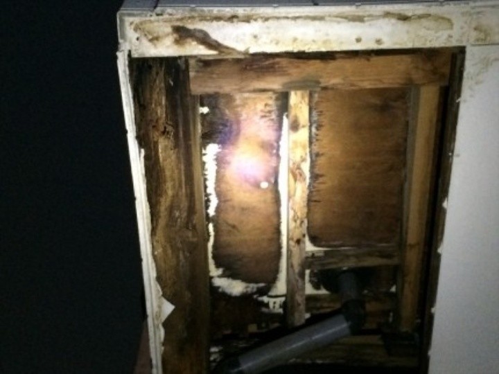 軒天（内部）の木材が濡れた脆くなった後