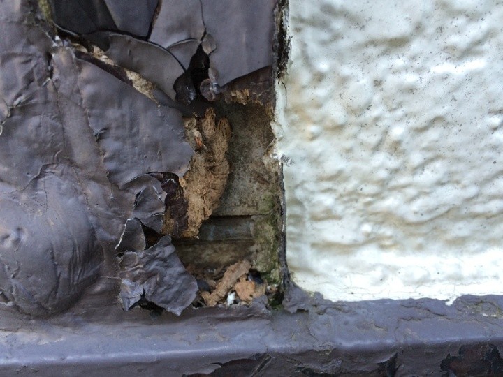 化粧板の縦材と横材が交差する箇所で腐食が進行して内部が見える状態