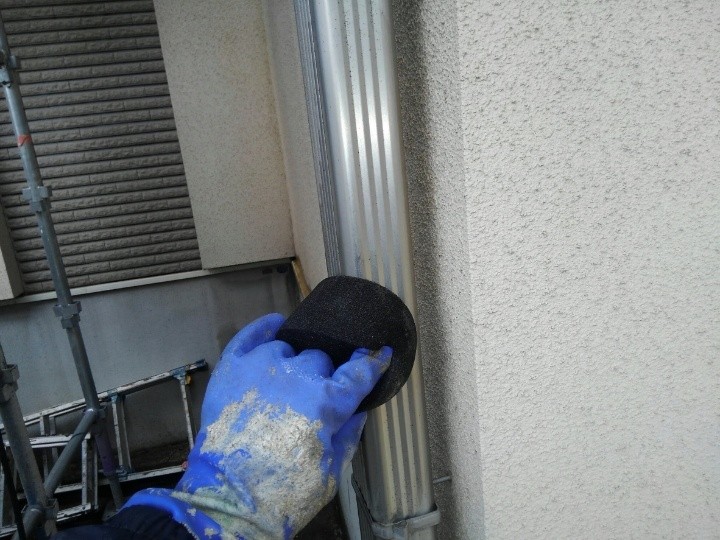 薬品で苔や染みを除去する作業風景