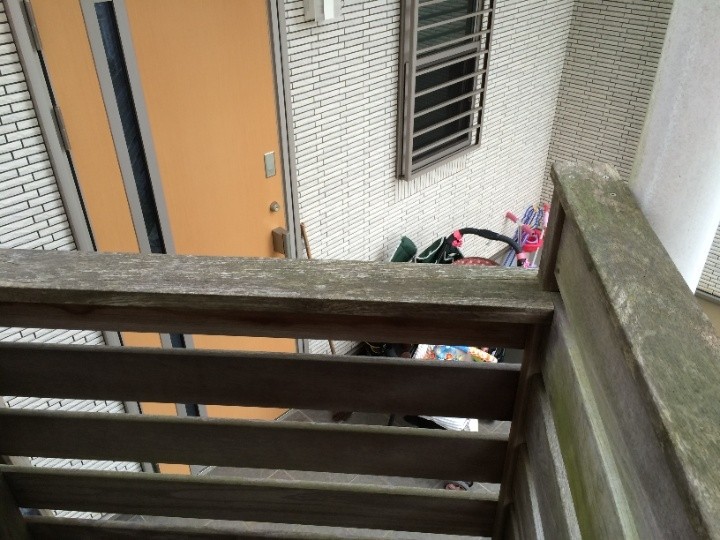 苔の繫殖した１階のウッドデッキ