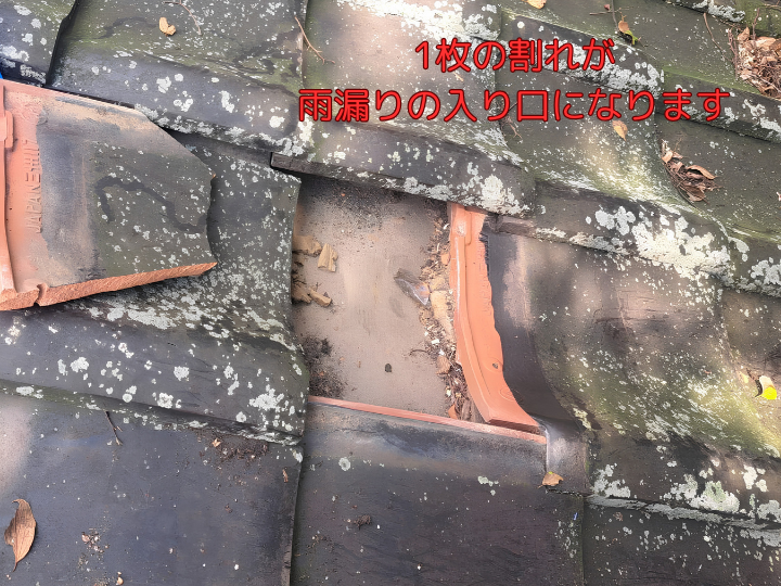 1枚の割れが 雨漏りの入り口になります