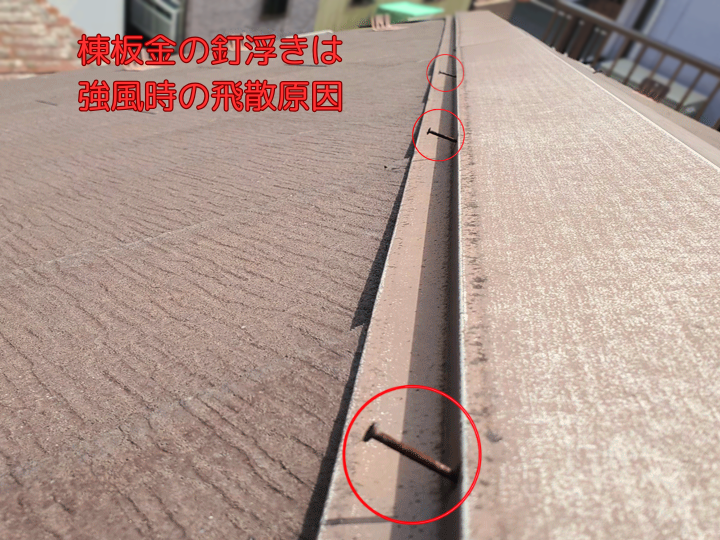棟板金の釘浮きは強風時の飛散原因