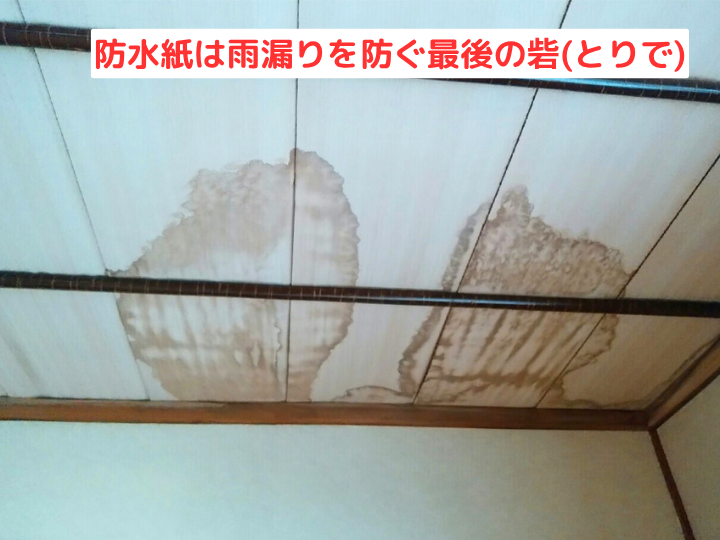 防水紙は雨漏りを防ぐ最後の砦 天井にできた雨漏りの大きなシミ