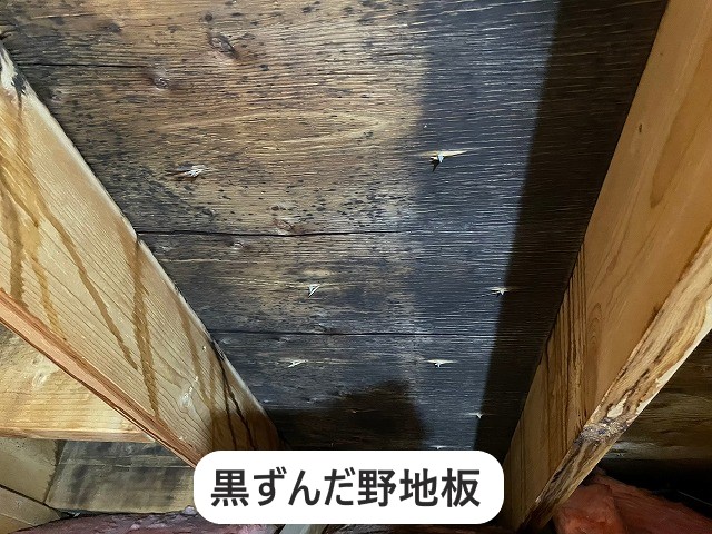 小屋裏の野地板（ラーチ合）が黒ずんでいました