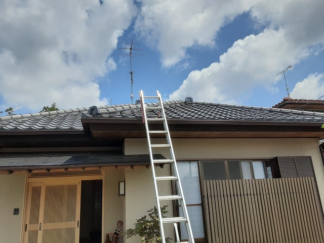 平屋住宅の屋根調査を行うためにはしごをかけている様子