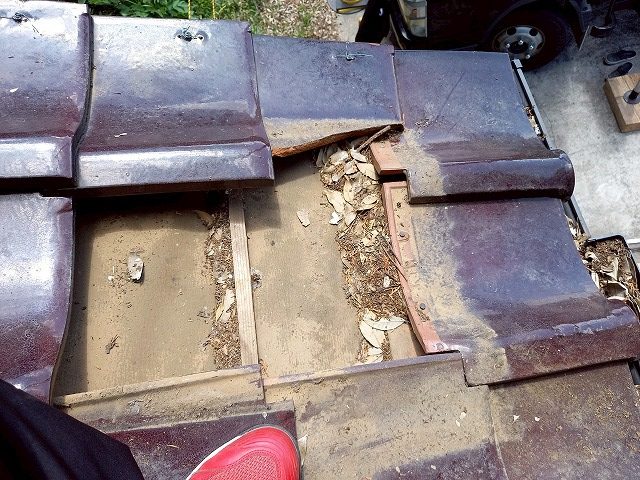 下屋根部の瓦差し替え補修で破損した瓦の取り外し