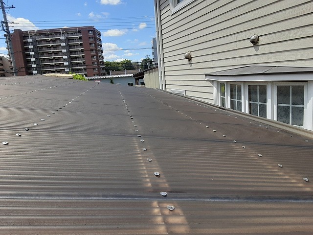 カーポートの塩ビ波板の劣化による傘釘の浮きが生じている様子