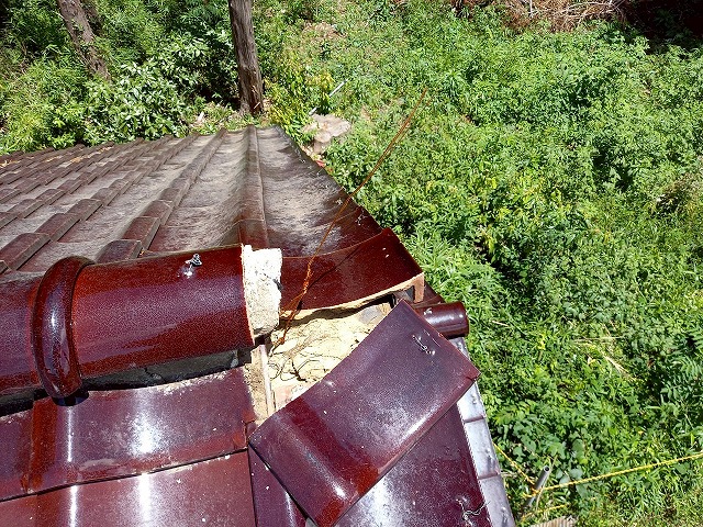 崩壊した棟瓦の補修のため番線を屋根下地に留め付けた状況