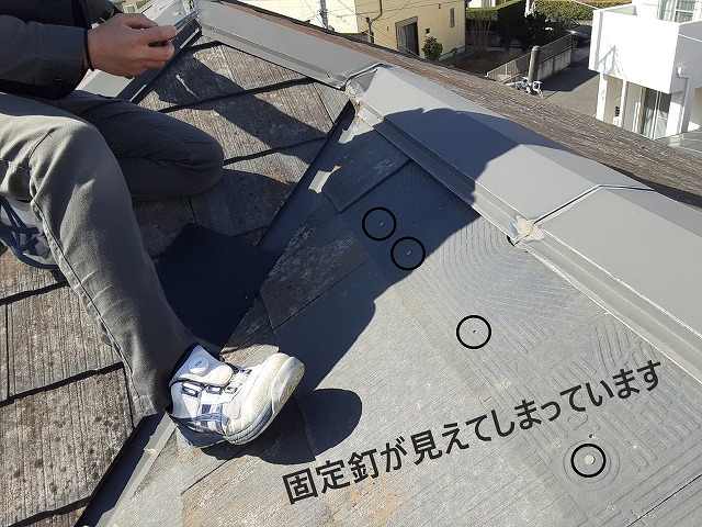 固定釘が見えてしまっている屋根材