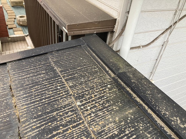 住宅のシャッターゲートのスレート屋根に苔の発生を確認した現場調査