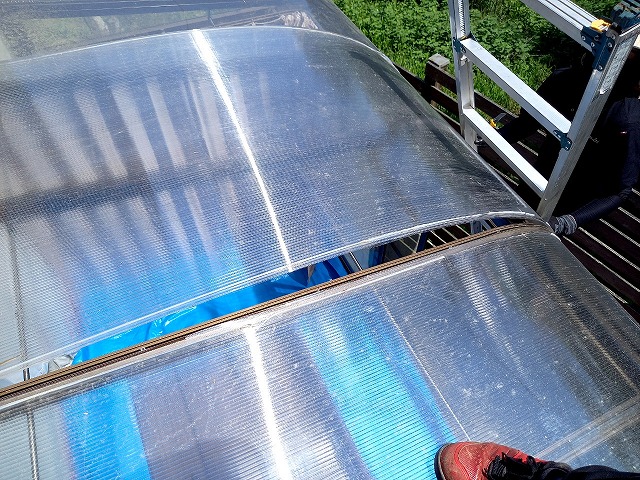 サンルーム屋根張り替修理で仮設置していた屋根材を撤去している状況