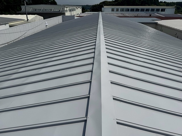 上塗りが完了した工場の金属屋根と棟部分の全景