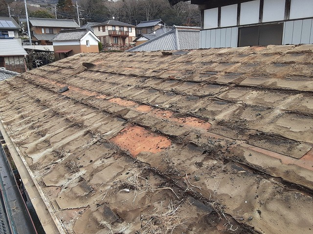 屋根葺き替え工事でセメント瓦を取り外した後の防水紙の破れ