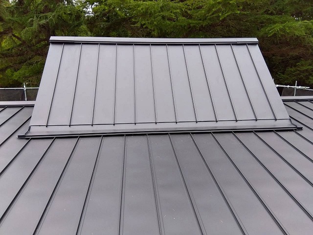 三角形に突き出た屋根部分へ棟板金の設置が完了した状態