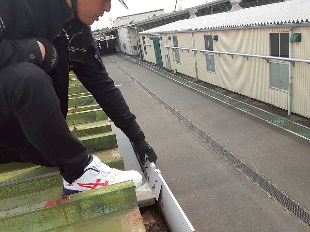 工場建物の雨樋の部材が下がって勾配不良が生じている状況