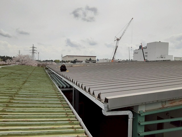 雨樋の清掃や修理などのメンテナンスを行う工場建物