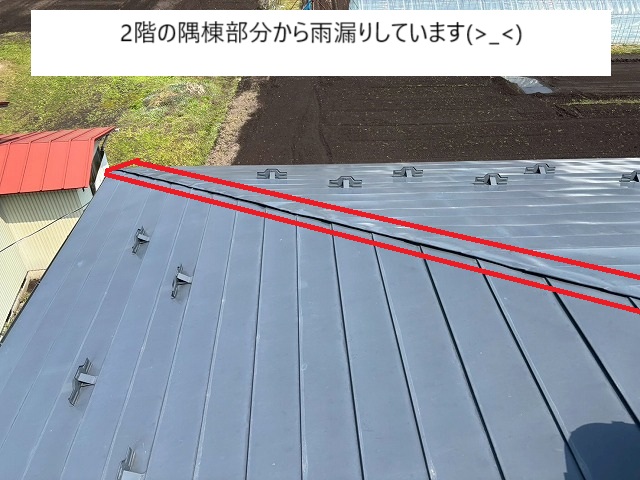 金属屋根の隅棟部分から雨漏りしている