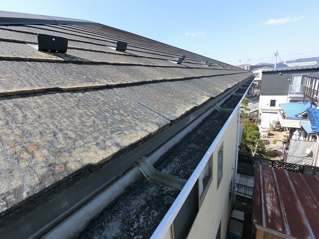 名取市　スレート屋根の軒先にカビが発生している様子