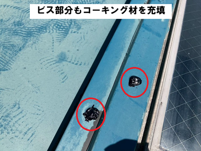 仙台市太白区 天窓補修 ビス部分コーキング材填充