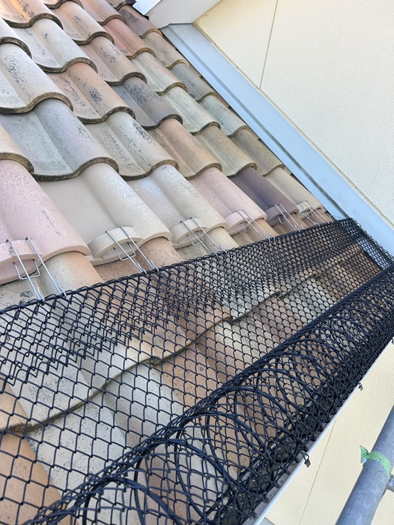 雪止めネットの下のほうは雨どい金具にステンレス線で固定