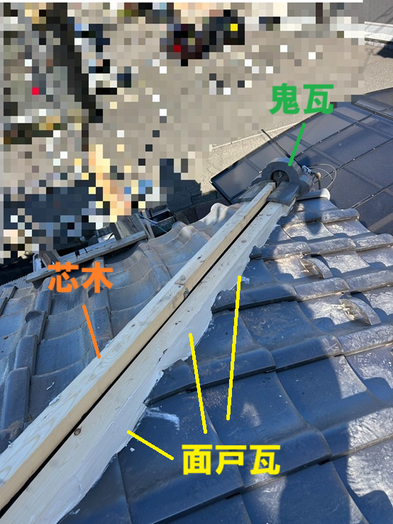 鬼瓦の設置、芯木を乗せ漆喰を塗る