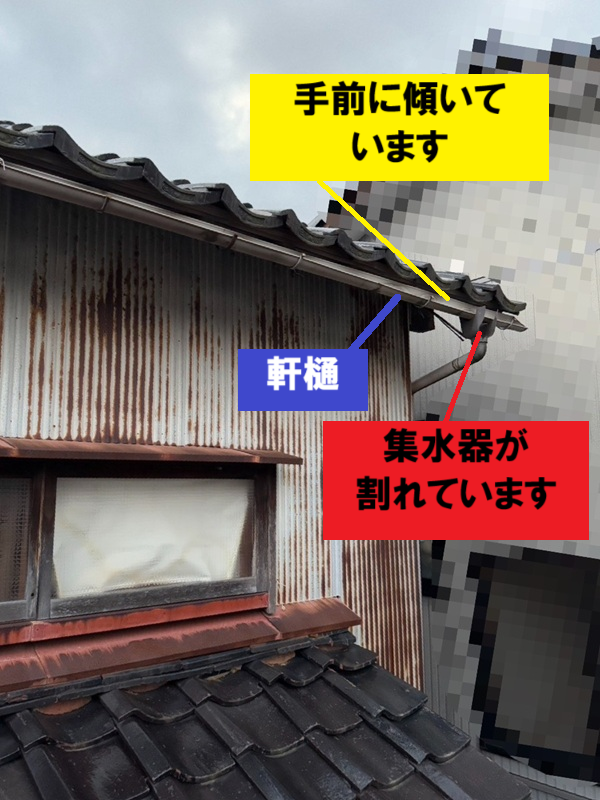 集水器の割れと軒樋の傾き