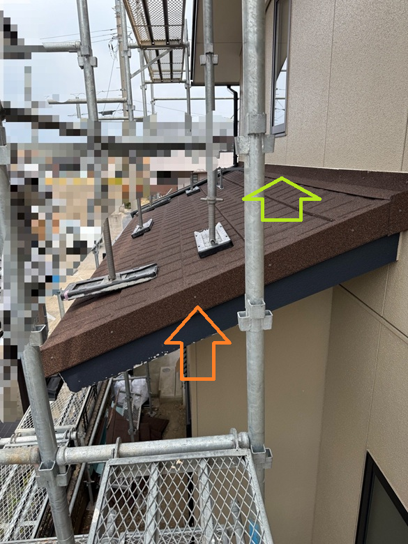 黄緑色矢印は外壁と屋根の取り合いから雨水が入り込まないよう、水切り金具をビスで固定し設置しました！ オレンジ色矢印は、ケラバ（屋根の傾斜がある側で外壁から屋根が突き出している部分）にケラバ包みを被せ、ビスで固定しました！ ケラバ包みを設置することで、屋根の内部に雨水が入り込むのを防ぎます。また、風の影響を受けやすいケラバを包むことで、強風により屋根材がめくれたりするのを防ぐ役割もあります。