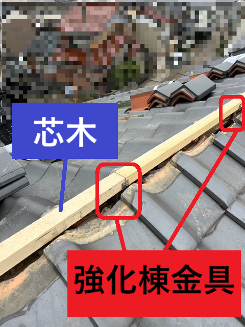 強化棟金具を屋根の下地に固定し、強化棟金具の上に芯木をのせて固定します。