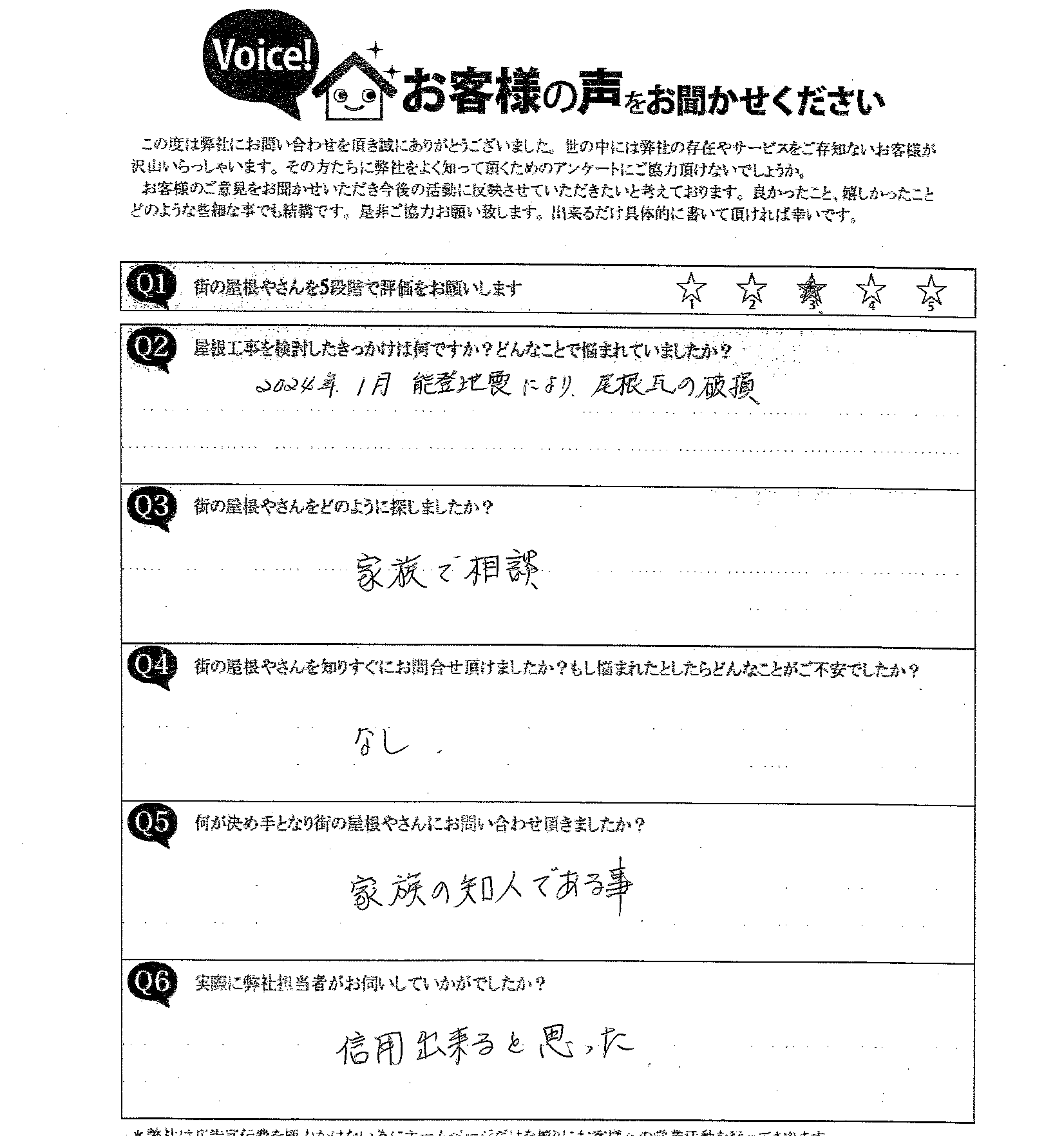 お客様の声スキャン画像