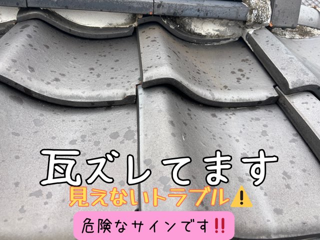 瀬戸市窯元町にて現地調査時の屋根の状態をうつした様子。瓦のズレを確認