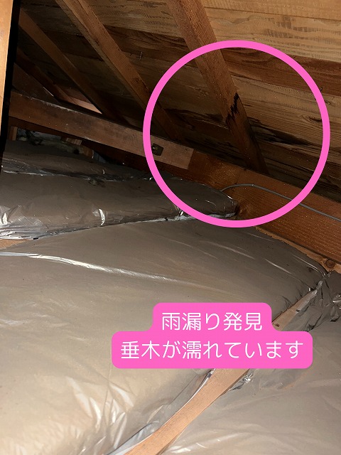 屋根裏　雨漏り箇所発見　垂木周辺が濡れている