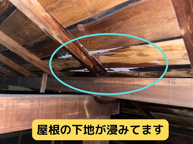 多治見市笠原町　桟瓦からの雨漏りで屋根の下地が濡れています