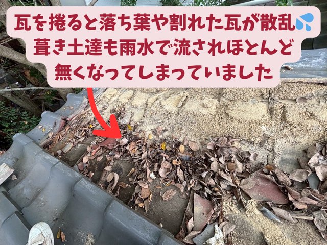 撤去した瓦の下に溜まった土や落ち葉が雨水の通りを妨げている様子