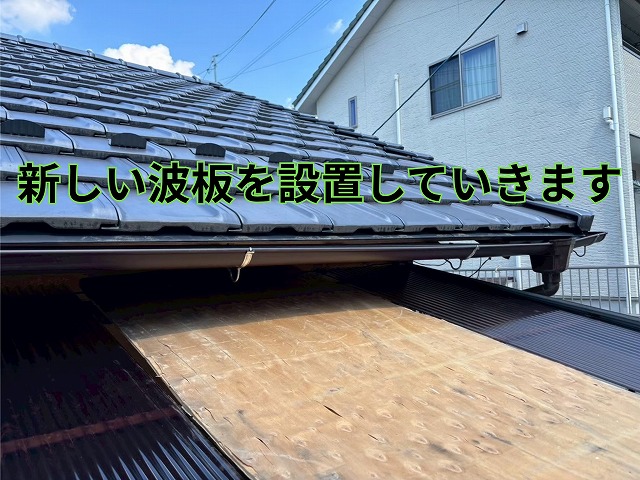 新しい波板の設置中