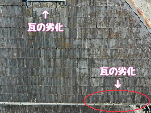 瓦の劣化が進んだ部分