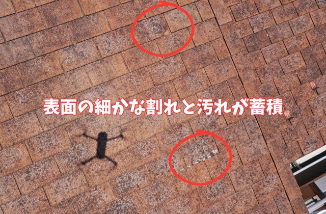 細かな割れと苔汚れが見られる屋根材