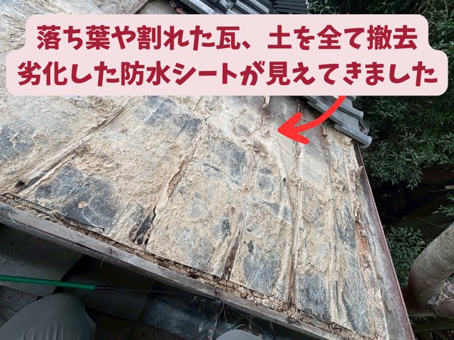 葺き土を撤去し、劣化した古いルーフィングが見えている状態
