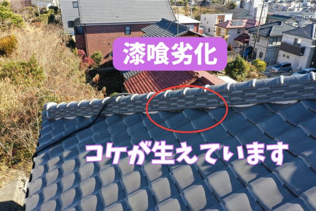 瀬戸市東長根町にて屋根の棟部分に漆喰の劣化が見られ、瓦の隙間には苔が生えている様子。