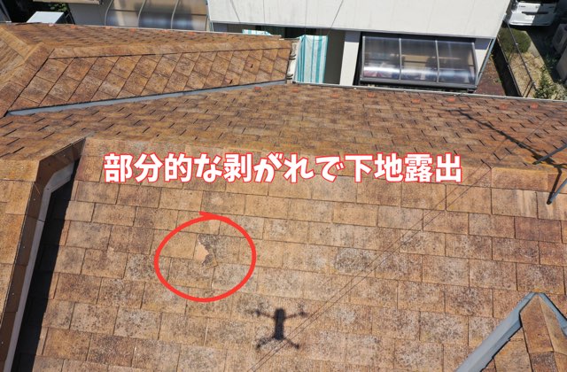 剥がれた屋根材から下地が見える様子