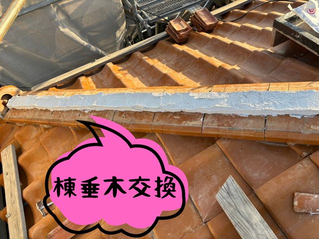 劣化した棟垂木を新しく交換した工程写真。漆喰で土台を整えた段階